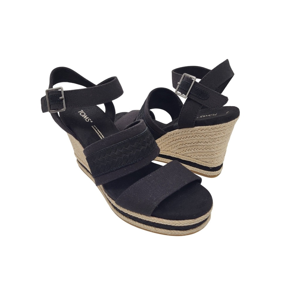 TOMS Monica Black Canvas Espadrille Wedge Sandals Women 7 Buckle Ankle Strappy
